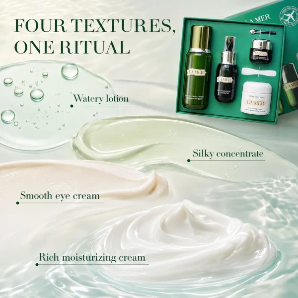 # LA MER 4-Piece Skin Care Set Discover a complete La Mer skincare ritual with this luxurious 4-piece skin care set, featuring four iconic treatments designed to hydrate, prepare, strengthen and care for the skin. The collection brings together **Crème de la Mer, The Treatment Lotion, The Concentrate and The Eye Concentrate**, creating a sophisticated daily skincare routine inspired by La Mer's signature Miracle Broth™. From the silky hydration of The Treatment Lotion to the restorative care of The Concentrate and the nourishing comfort of Crème de la Mer, each formula complements the next step of your skincare ritual. The Eye Concentrate provides targeted care for the delicate eye area, helping reduce the appearance of dark circles, lines and wrinkles. ### What's Included **1. Crème de la Mer** La Mer's iconic ultra-rich moisturizer, ideal for drier skin. Its luxurious texture delivers rich hydration while helping skin look smoother, softer and more radiant. **2. The Treatment Lotion** A silky, lightweight hydrator designed to energize and prepare the skin for the treatments that follow. **3. The Concentrate** A velvet-smooth treatment serum formulated to strengthen, visibly soothe and protect the skin barrier. **4. The Eye Concentrate** A concentrated eye treatment designed to reduce the appearance of dark circles, lines and wrinkles while caring for the delicate eye area. ### Key Benefits * Complete four-step luxury skincare ritual * Provides rich, replenishing hydration * Helps prepare skin for subsequent treatments * Helps visibly soothe and strengthen the skin barrier * Helps improve the appearance of skin smoothness and radiance * Targets visible signs of aging around the eye area * Features La Mer's signature Miracle Broth™ skincare heritage * Ideal for creating a refined daily skincare routine * An elegant luxury skincare gift set ### Recommended Skincare Routine **Step 1 – Prepare** Apply The Treatment Lotion after cleansing to hydrate and prepare the skin. **Step 2 – Treat** Apply The Concentrate to help soothe and strengthen the skin barrier. **Step 3 – Eye Care** Apply The Eye Concentrate gently around the eye area. **Step 4 – Moisturize** Finish with Crème de la Mer to lock in moisture and leave skin feeling nourished and comforted. ### The La Mer Experience From preparation to treatment, eye care and moisturization, this four-piece collection brings together some of La Mer's most recognizable skincare essentials in one elevated ritual. Each formula is designed to complement the others, helping transform everyday skincare into a luxurious, sensorial experience.